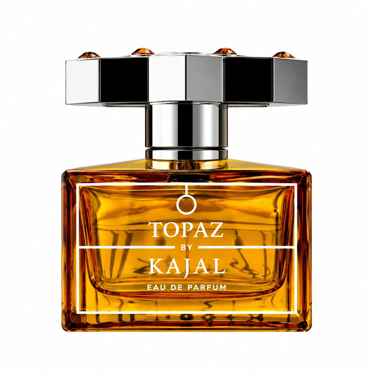 Topaz de Kajal, eau de parfum 100 ml, flacon ambré de face sur fond blanc.