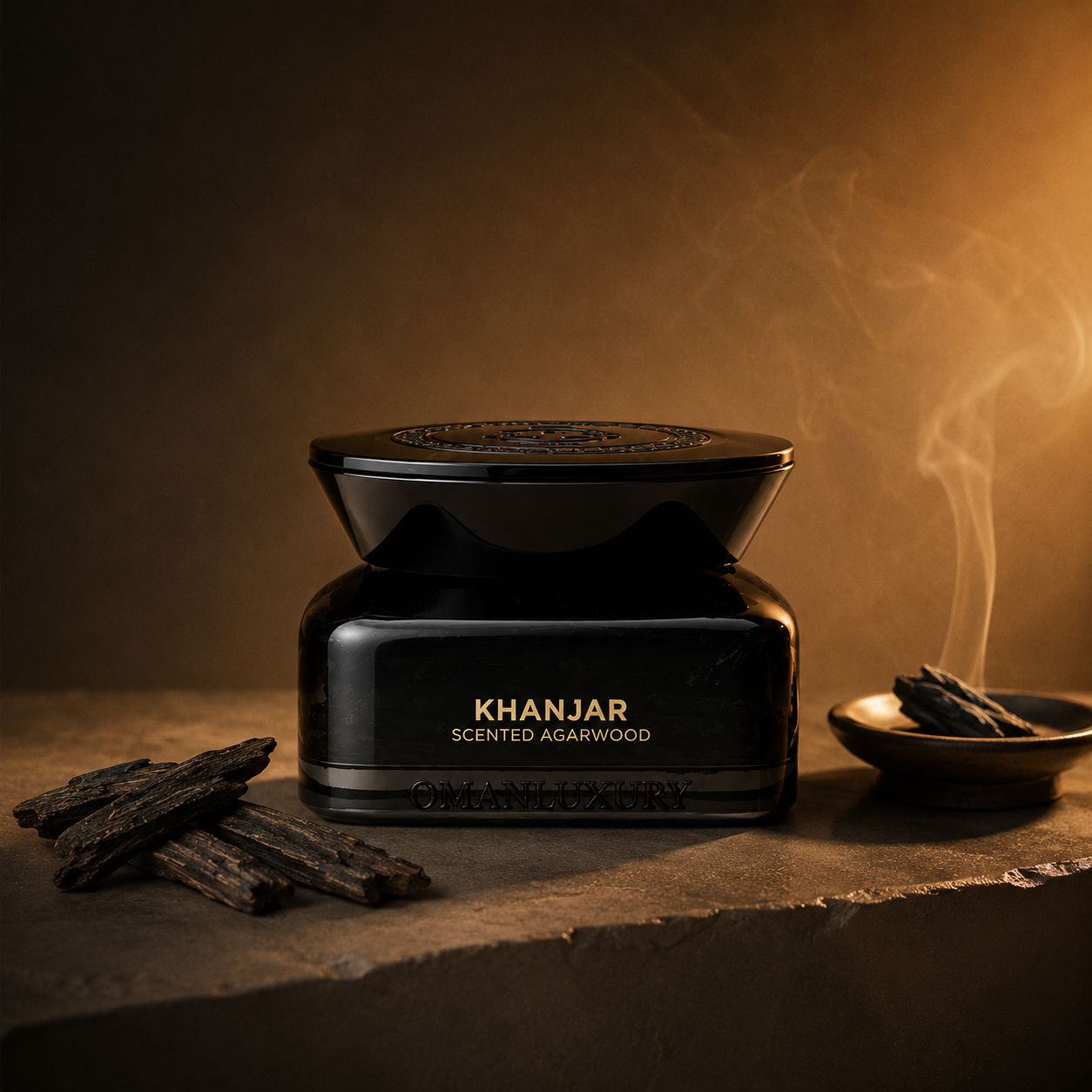 Khanjar Scented Agarwood by Oman Luxury boîte d'encens avec bois d'agar et coupelle d'encens sur fond chaleureux