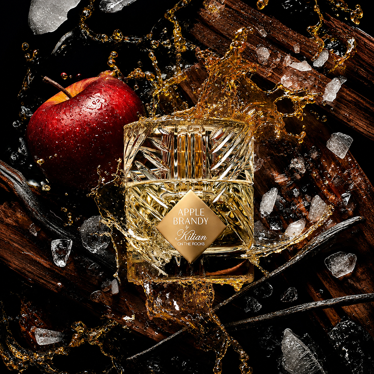 Apple Brandy on the Rocks de Kilian, eau de parfum 50 ml, visuel artistique de la maison.