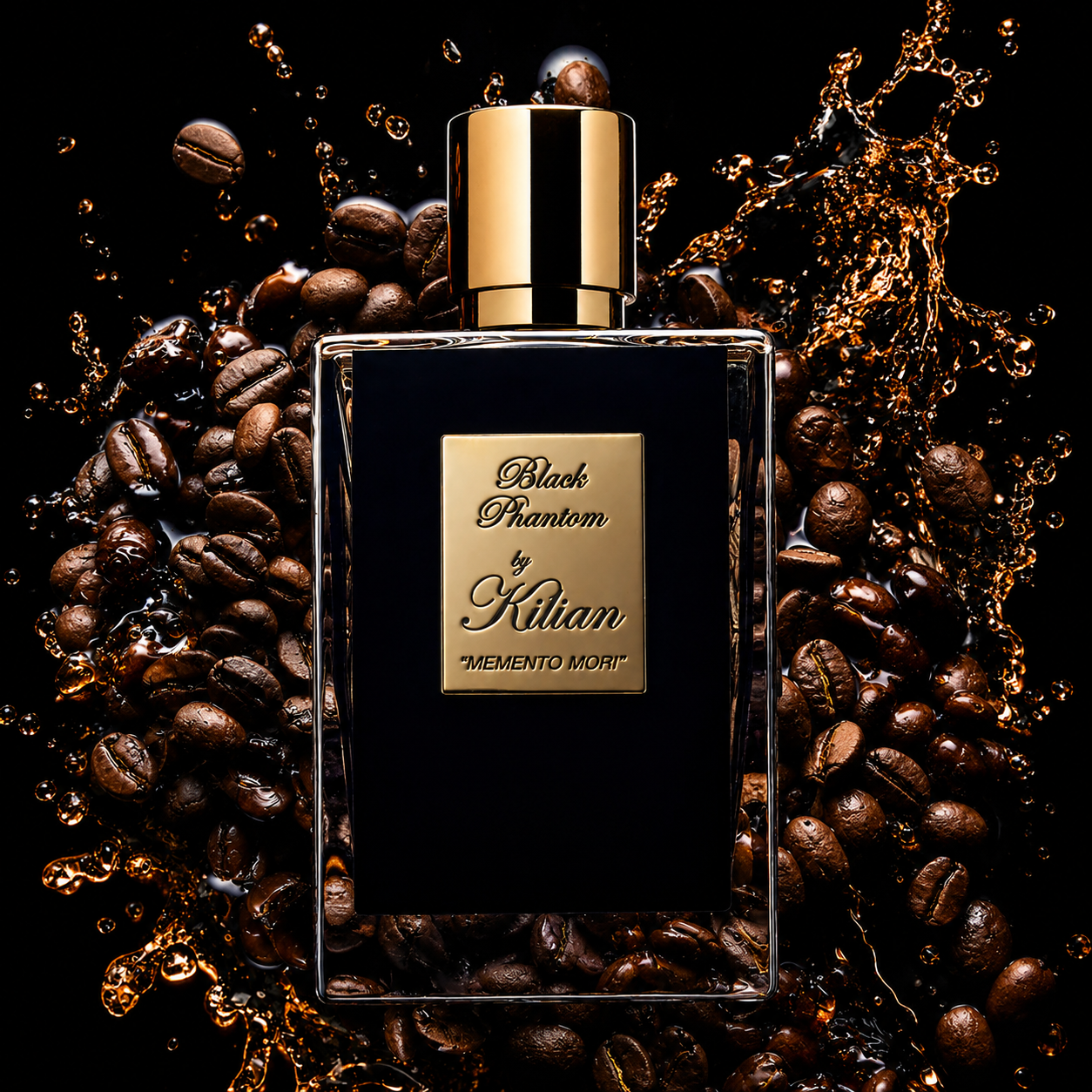 Black Phantom Memento Mori de Kilian, eau de parfum 50 ml, visuel artistique de la maison.