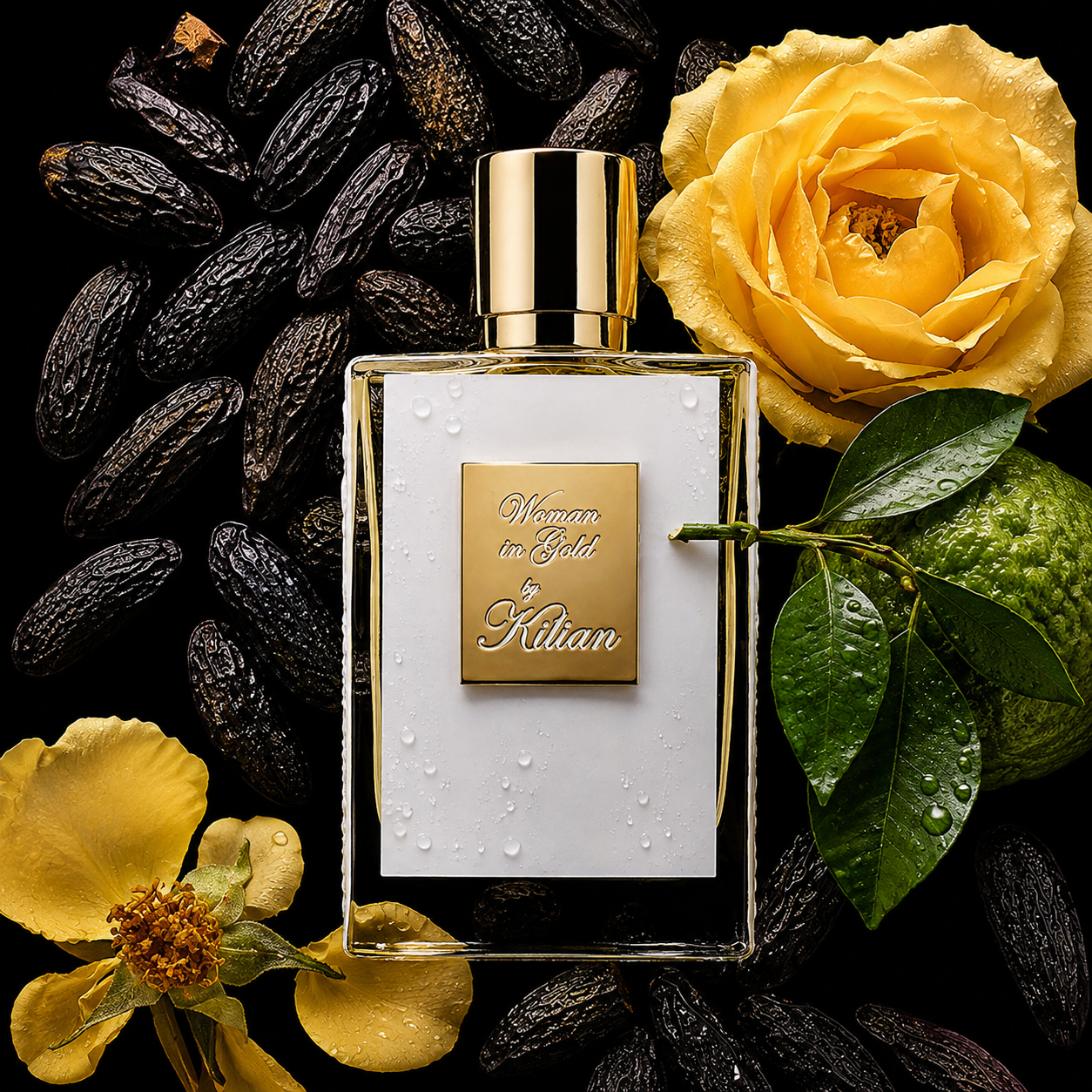 Woman in Gold de Kilian, eau de parfum 50 ml, visuel artistique de la maison.