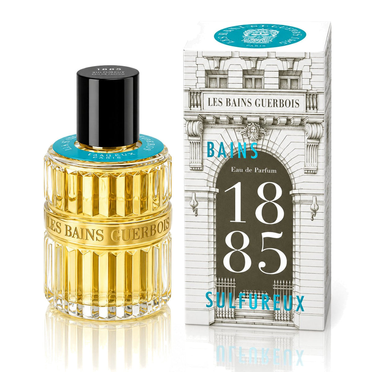 1885 Bains Sulfureux de Les Bains Guerbois, eau de parfum 100 ml, flacon et coffret sur fond blanc.