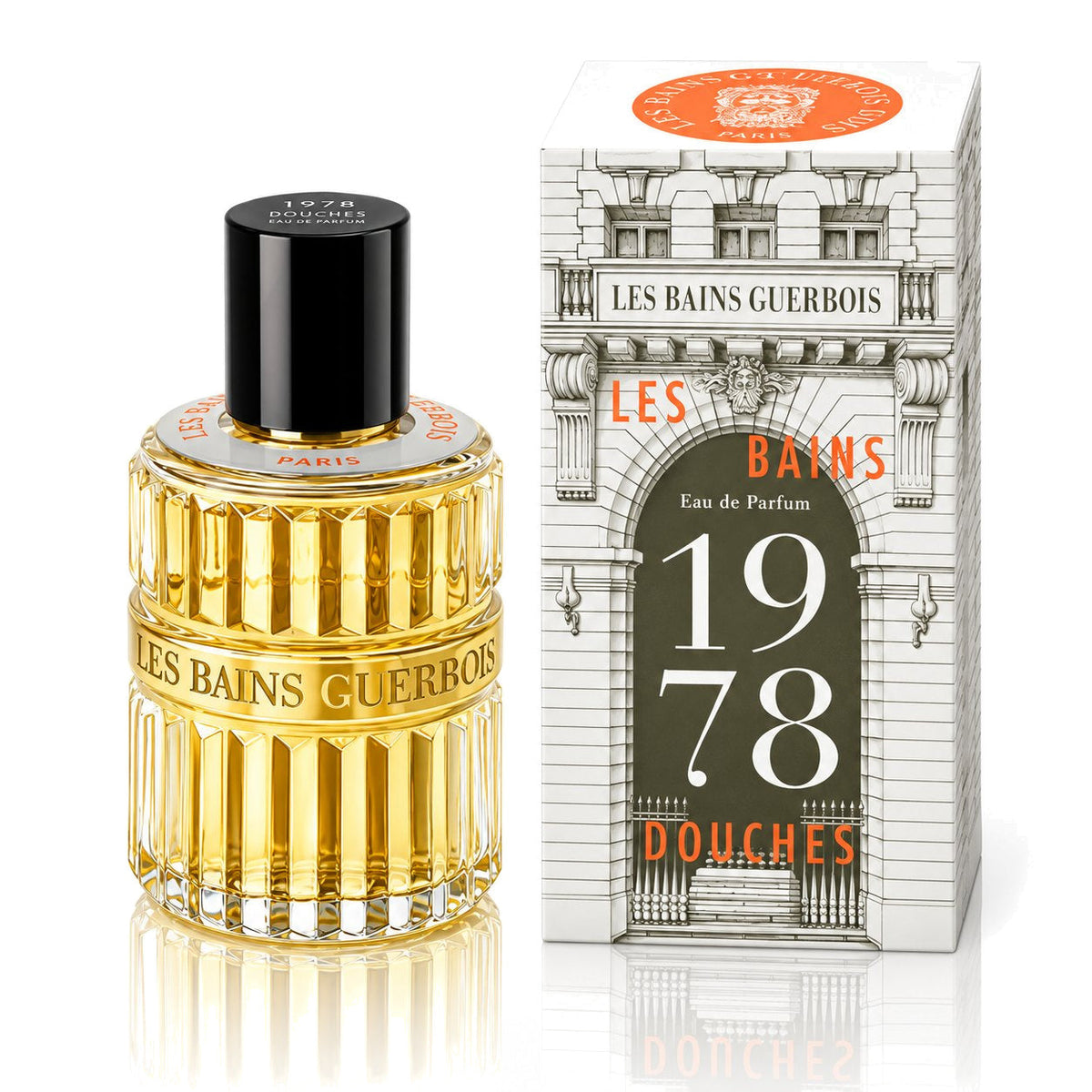 1978 Les Bains Douches de Les Bains Guerbois, eau de parfum 100 ml, flacon et coffret sur fond blanc.