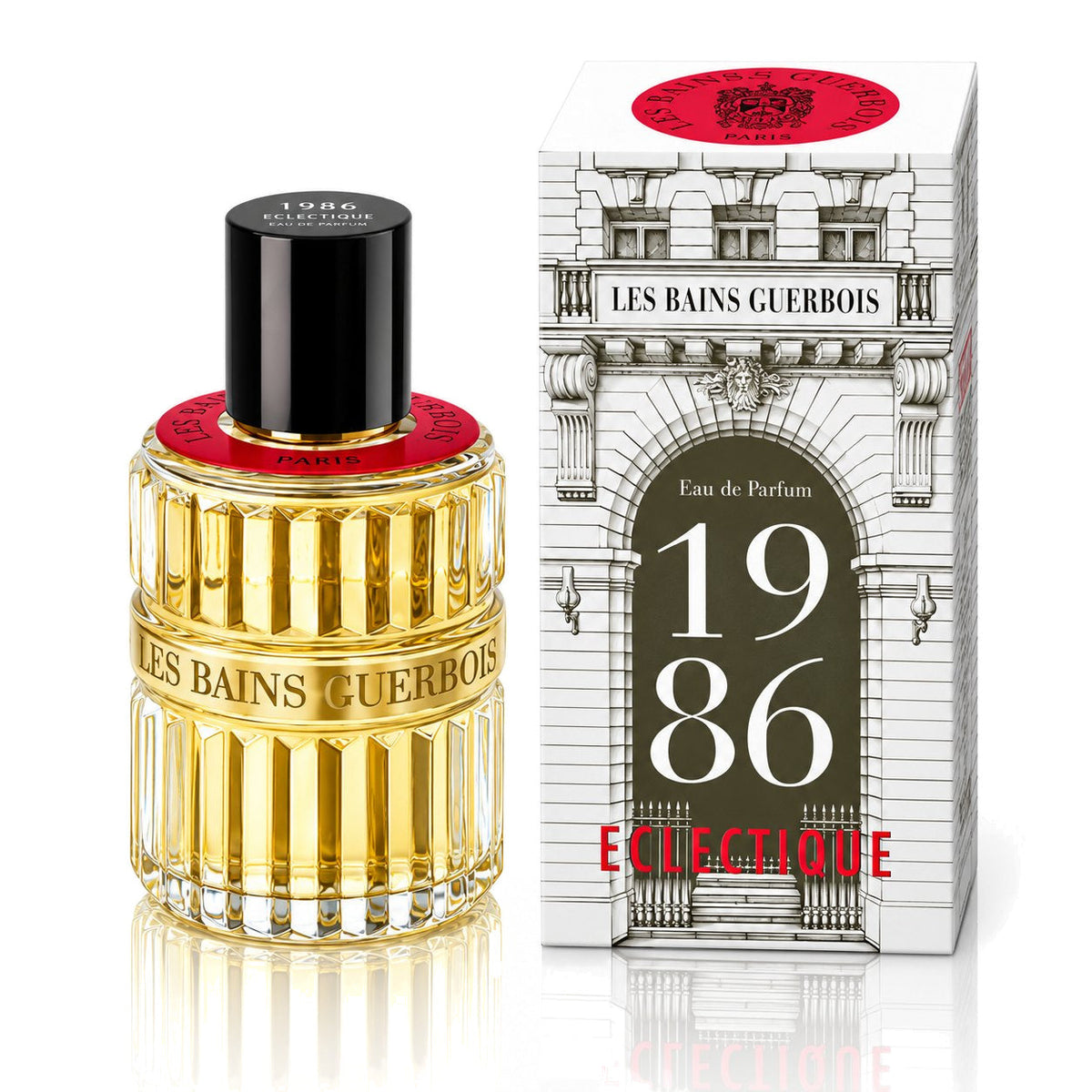 1986 Éclectique de Les Bains Guerbois, eau de parfum 100 ml, flacon et coffret sur fond blanc.