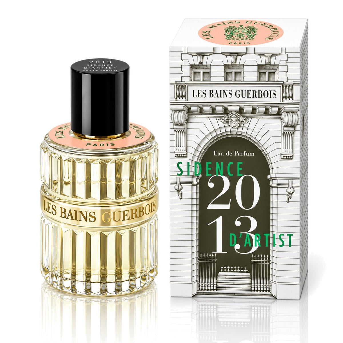 2013 Résidence d'Artistes de Les Bains Guerbois, eau de parfum 100 ml, flacon et coffret sur fond blanc.