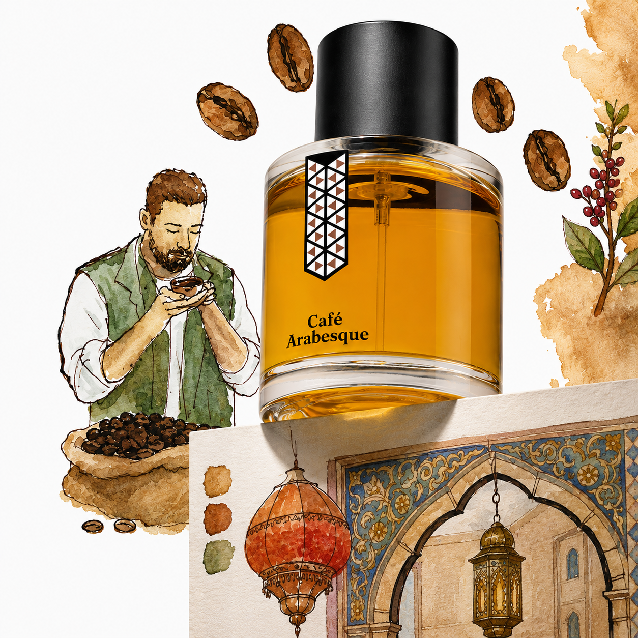 Café Arabesque de Les Indémodables, eau de parfum 50 ml, mise en scène avec des grains de café, un dégustateur et une arcade à arabesques.