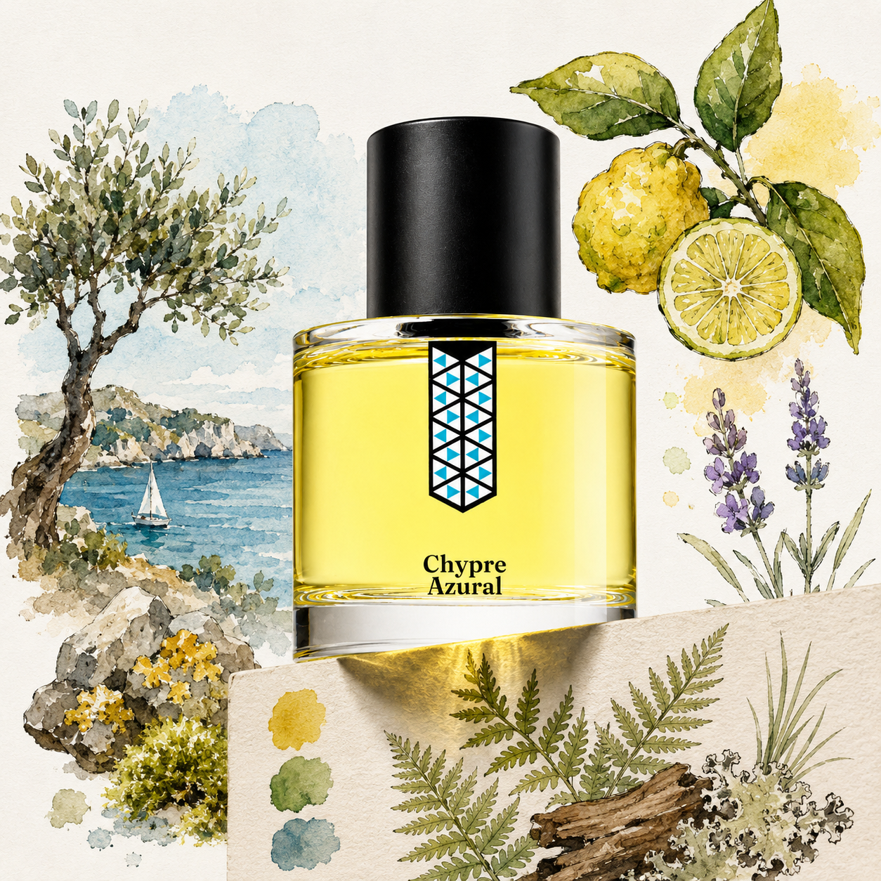 Chypre Azural de Les Indémodables, eau de parfum 50 ml, flacon en mise en scène.