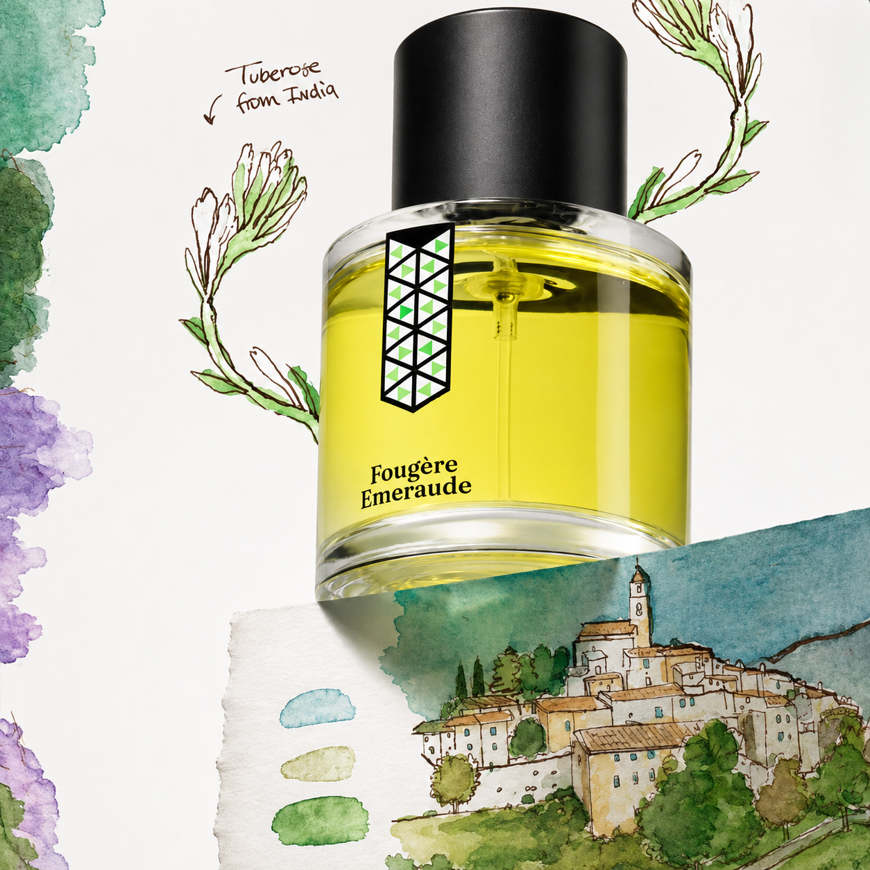 Fougère Émeraude de Les Indémodables, eau de parfum 50 ml, mise en scène avec des tubéreuses d'Inde et un village perché.