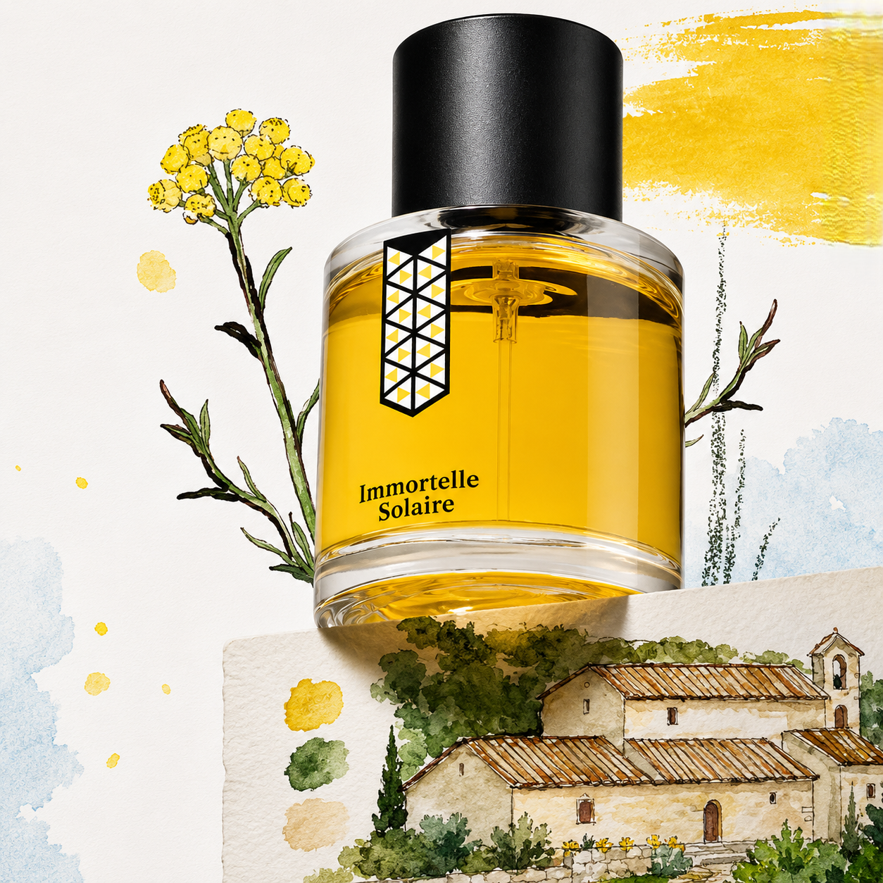 Immortelle Solaire de Les Indémodables, eau de parfum 50 ml, mise en scène avec des fleurs d'immortelle et un mas provençal.