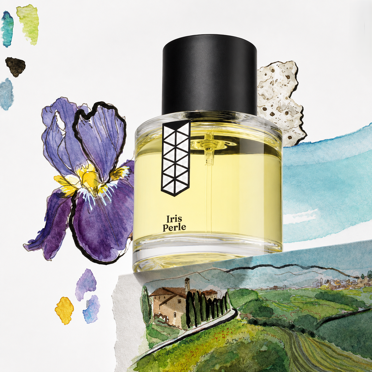Iris Perle de Les Indémodables, eau de parfum 50 ml, mise en scène avec un iris violet et des collines toscanes.