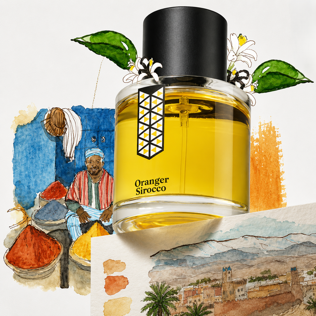 Oranger Sirocco de Les Indémodables, eau de parfum 50 ml, mise en scène avec des fleurs d'oranger, un marchand d'épices et une ville perchée.