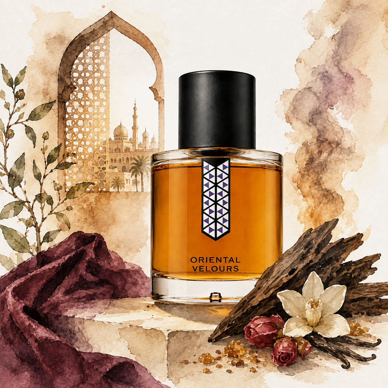 Oriental Velours de Les Indémodables, eau de parfum 50 ml, flacon en mise en scène.