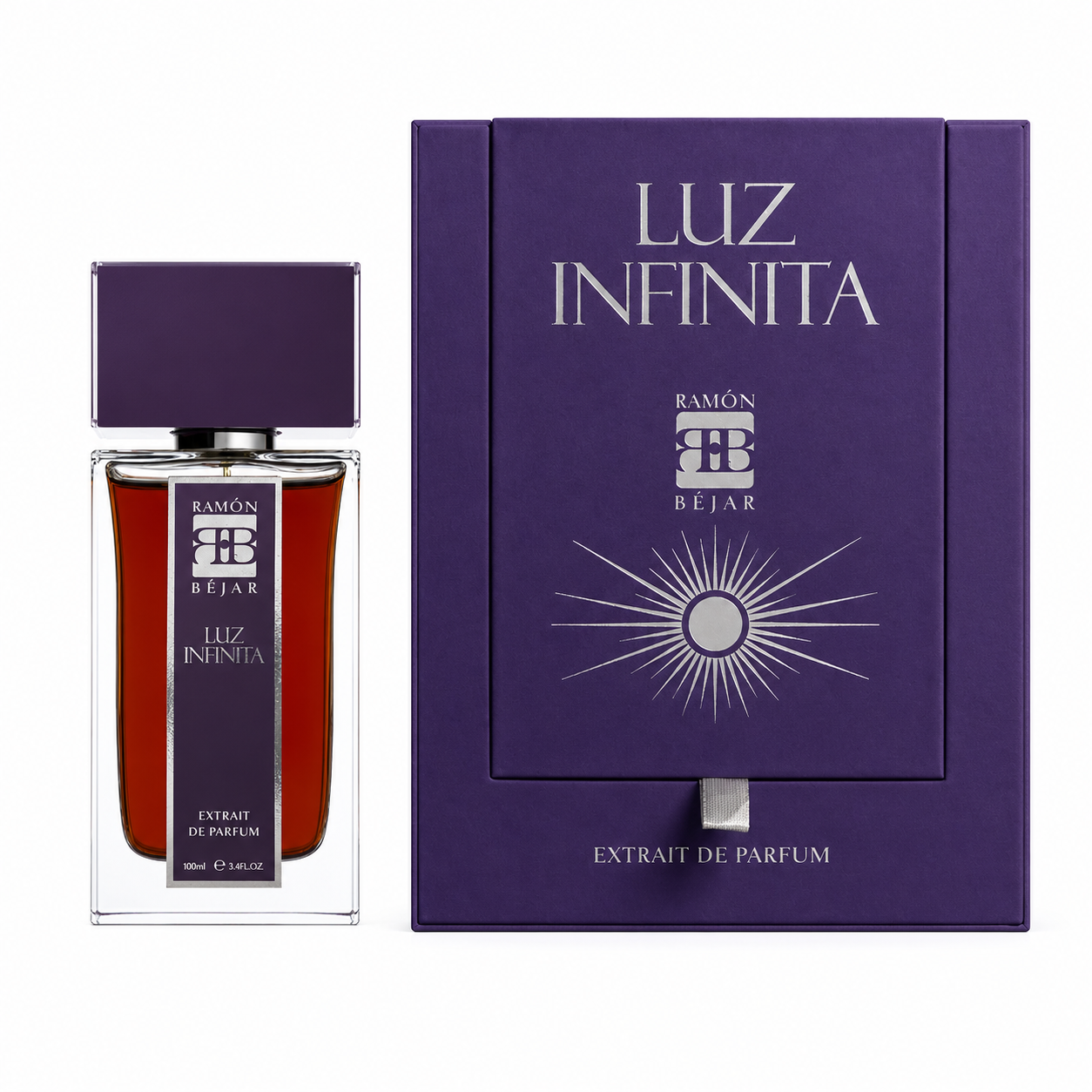 Ramón Béjar Luz Infinita coffret Extrait de Parfum 100 ml avec flacon sur fond blanc