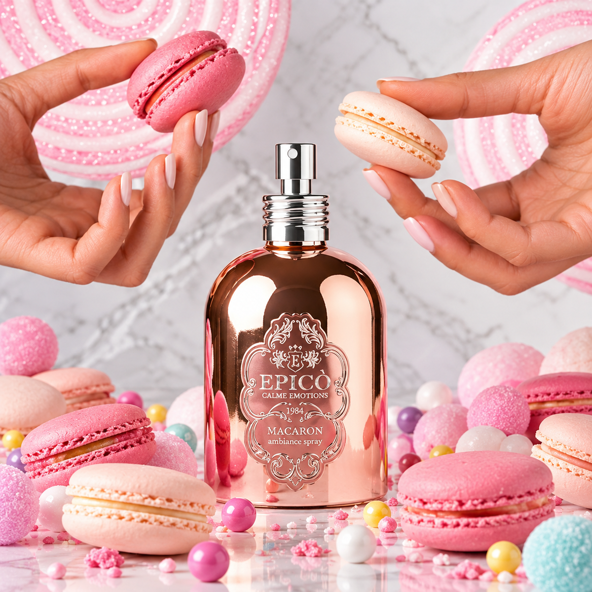 Macaron d'Epicò, brume corporelle 250 ml, flacon en mise en scène.
