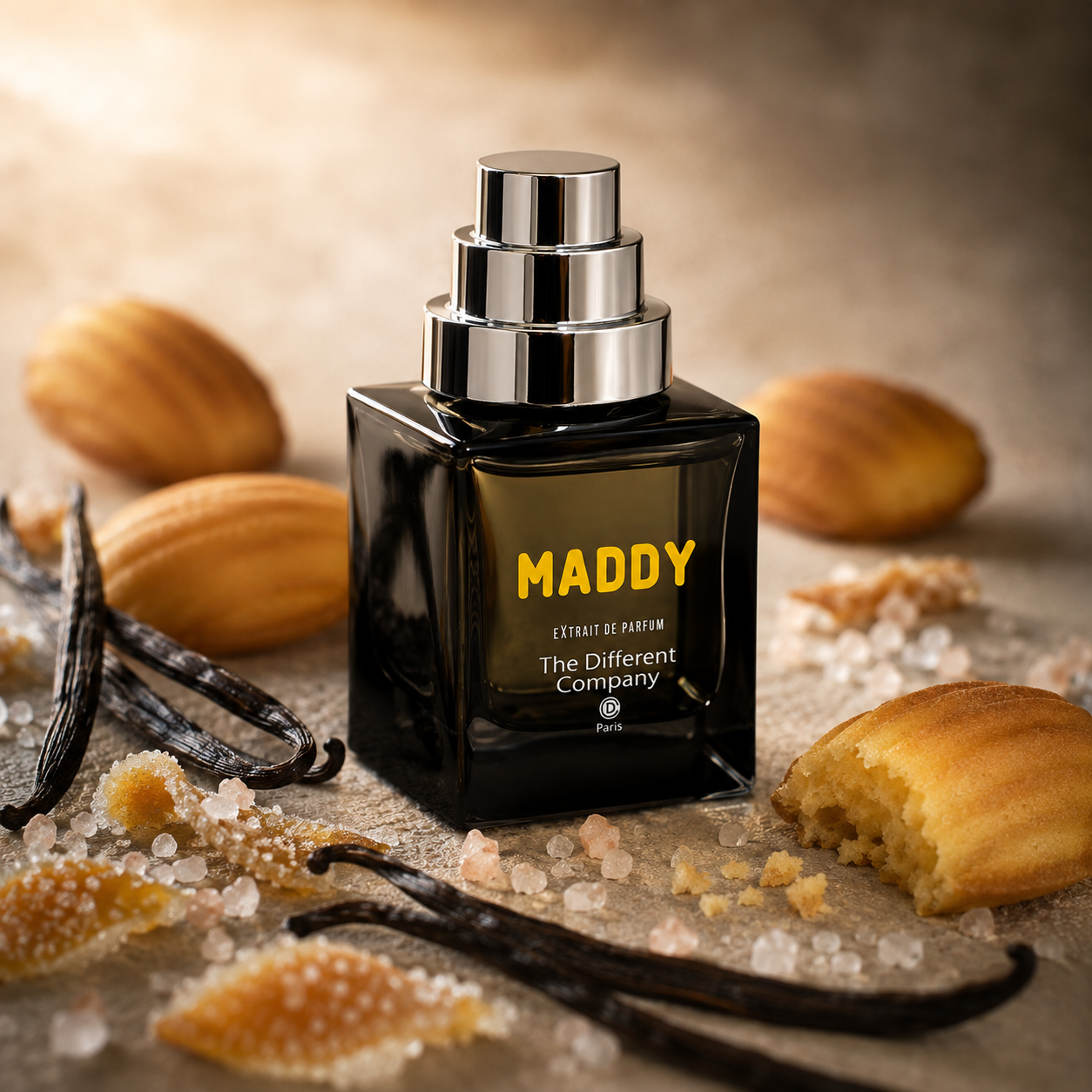 Maddy de The Different Company, extrait de parfum, flacon en mise en scène avec des madeleines, des gousses de vanille et du sucre.