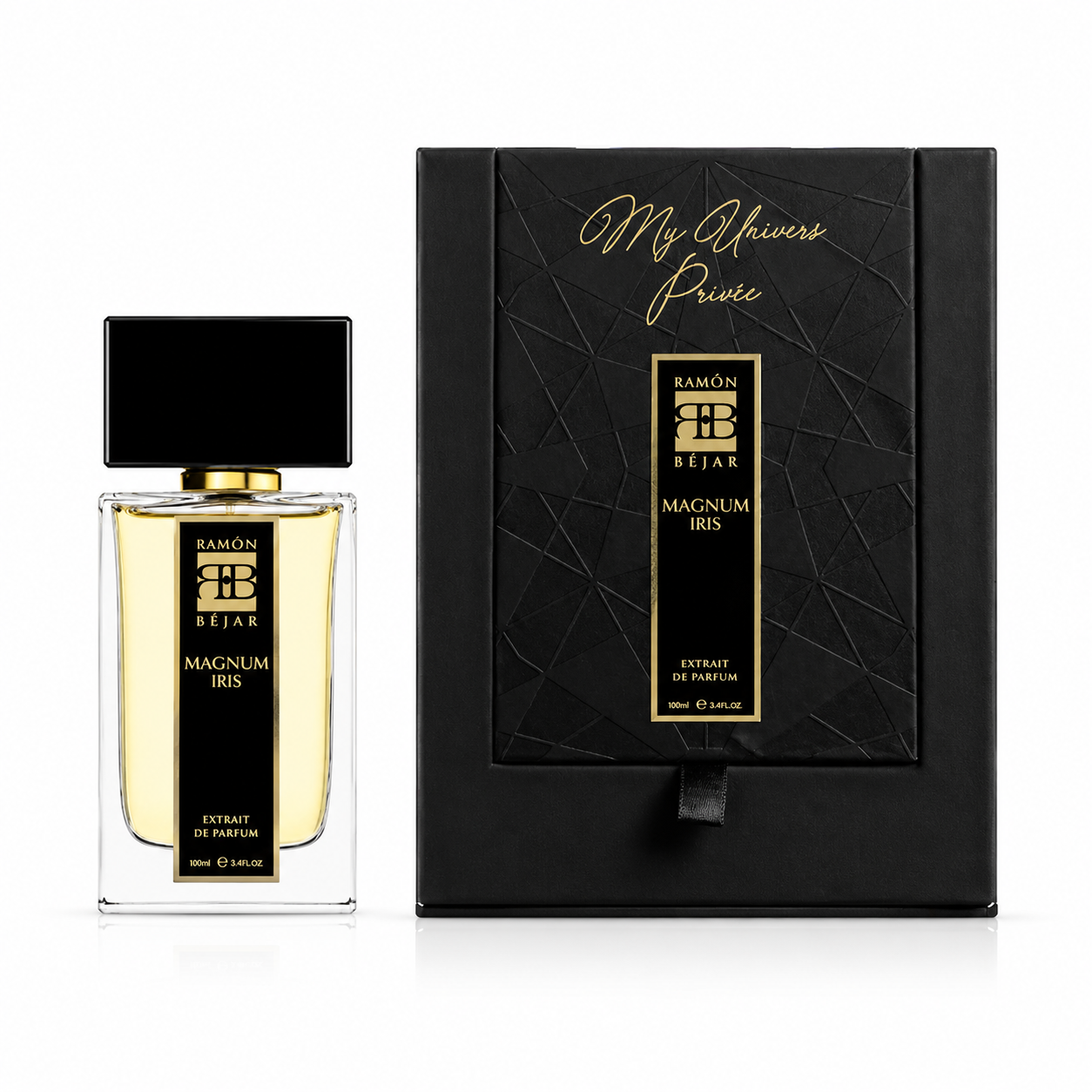 Coffret Magnum Iris Ramon Bejar Extrait de Parfum 100 ml avec flacon sur fond blanc
