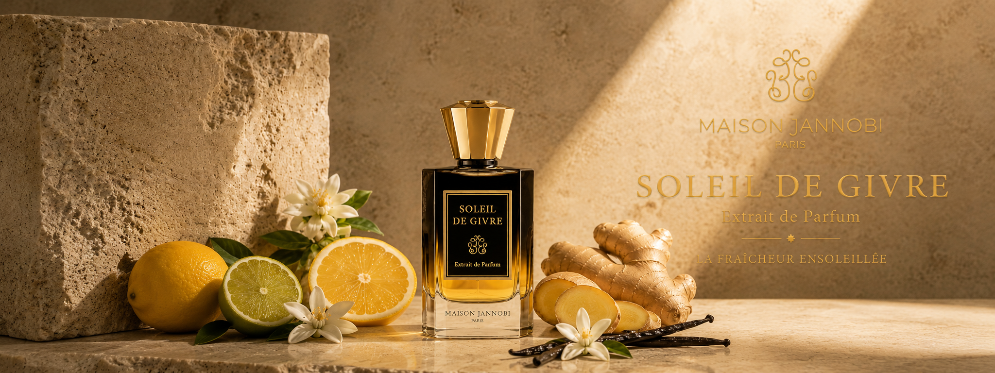 Bannière Maison Jannobi Soleil de Givre extrait de parfum avec citron vert, citron, gingembre, vanille et fleur d’oranger sur décor en travertin beige
