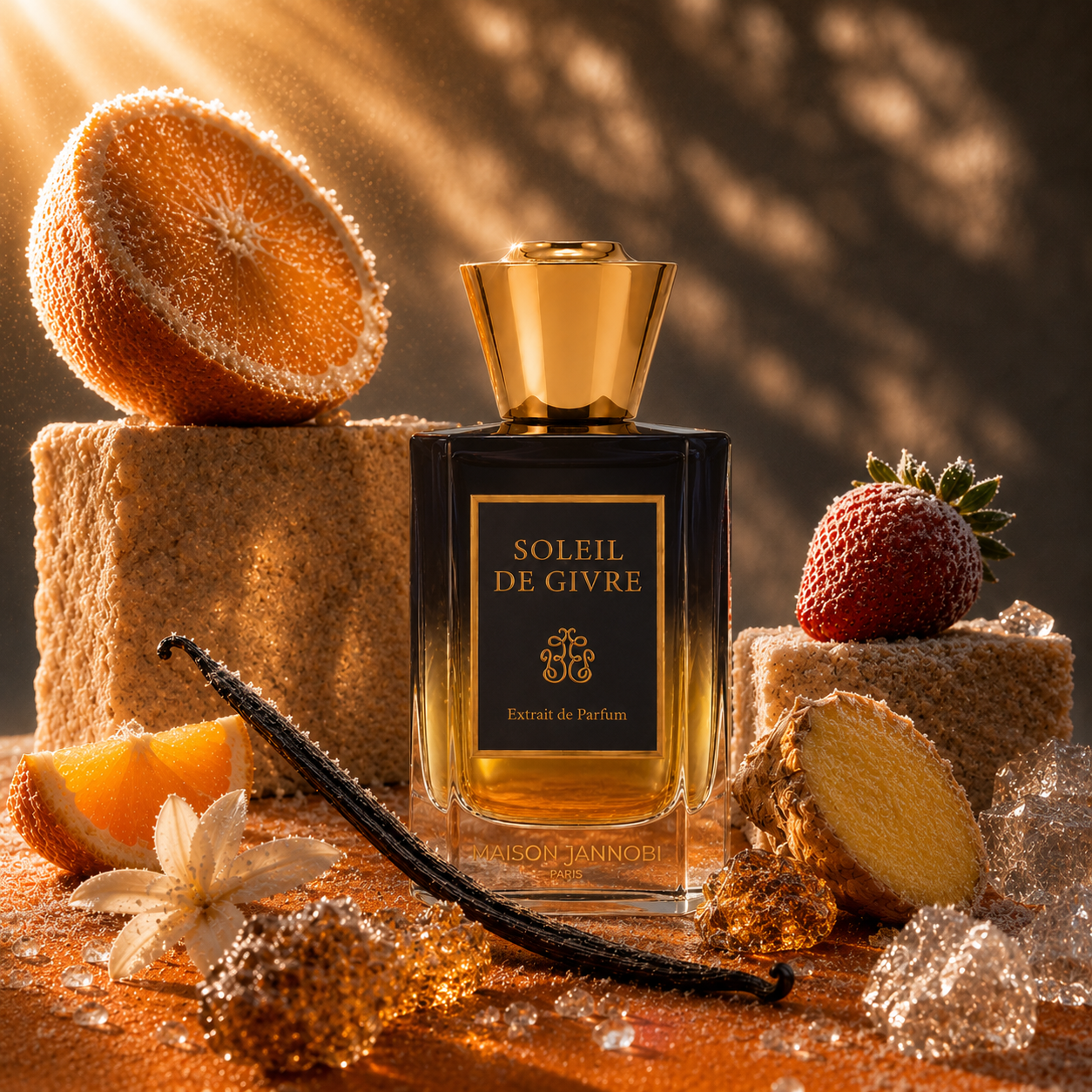 Maison Jannobi Soleil de Givre extrait de parfum avec orange, vanille, gingembre, fraise et cristaux dans une composition artistique de luxe.