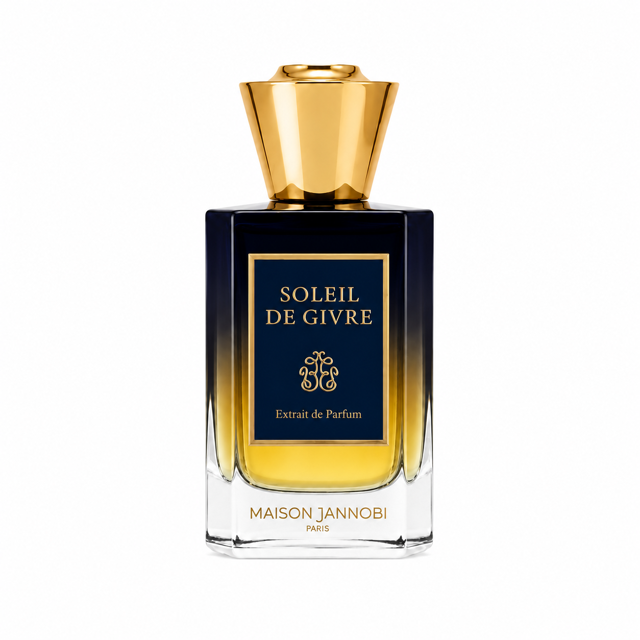 Maison Jannobi Soleil de Givre extrait de parfum flacon de luxe sur fond blanc avec bouchon doré.