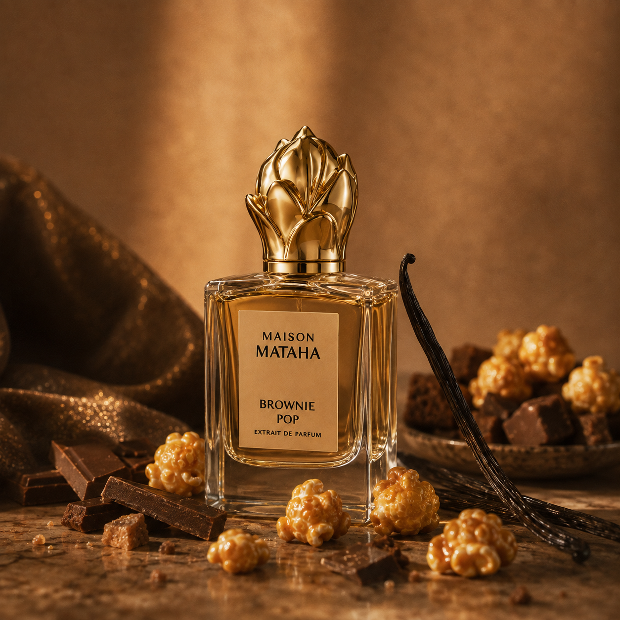 Maison Mataha Brownie Pop Extrait de Parfum dans un univers gourmand aux tons chocolat et caramel, avec morceaux de chocolat, popcorn caramélisé et gousses de vanille