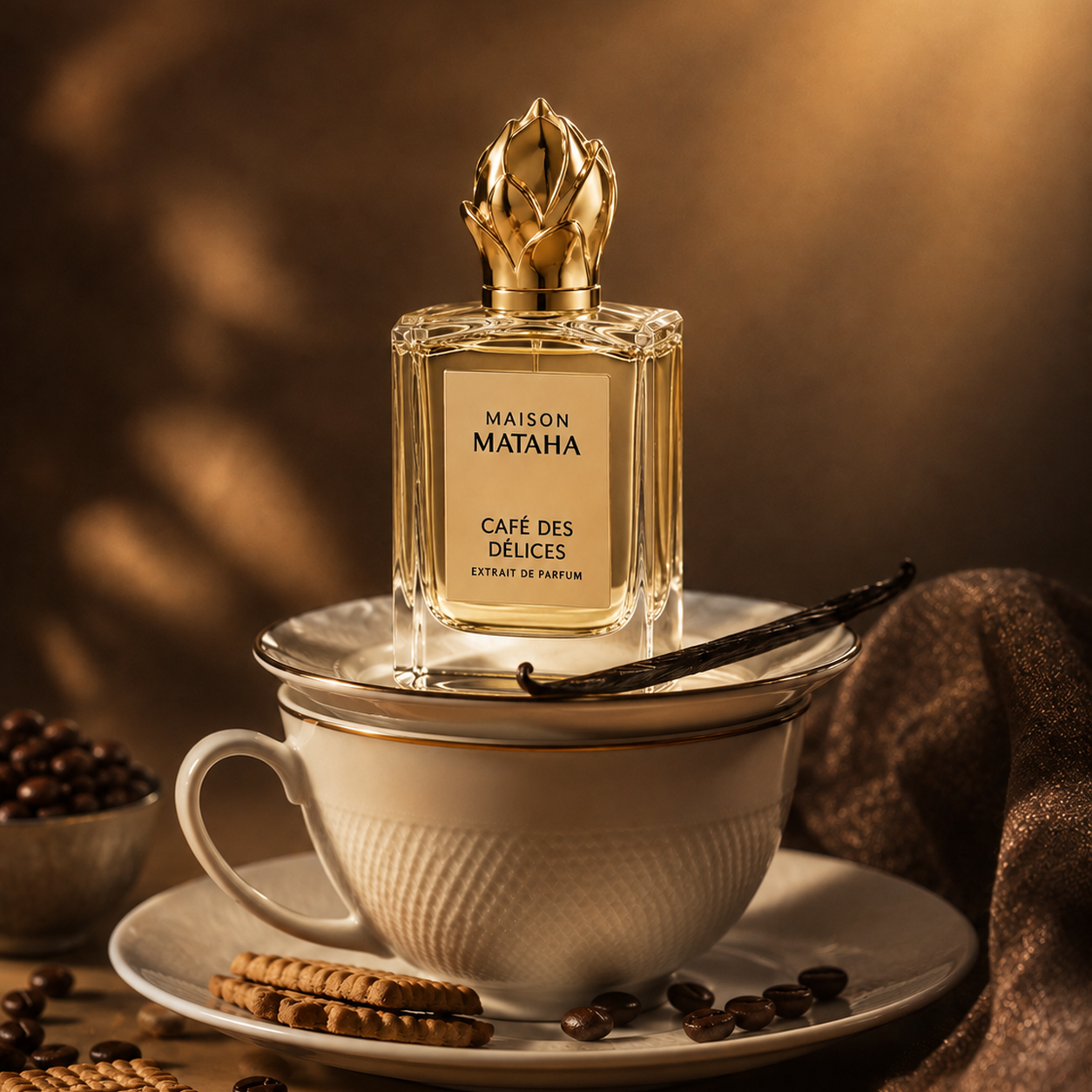 Maison Mataha Café des Délices Extrait de Parfum dans un univers gourmand aux tons café et caramel, avec grains de café, gousses de vanille, biscuits et tasse en porcelaine