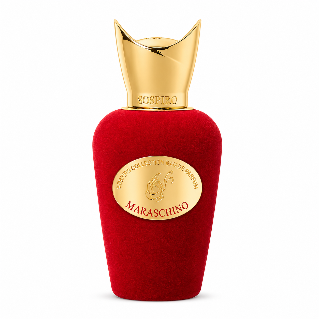 Maraschino de Sospiro, eau de parfum 100 ml, flacon de velours rouge de face sur fond blanc.