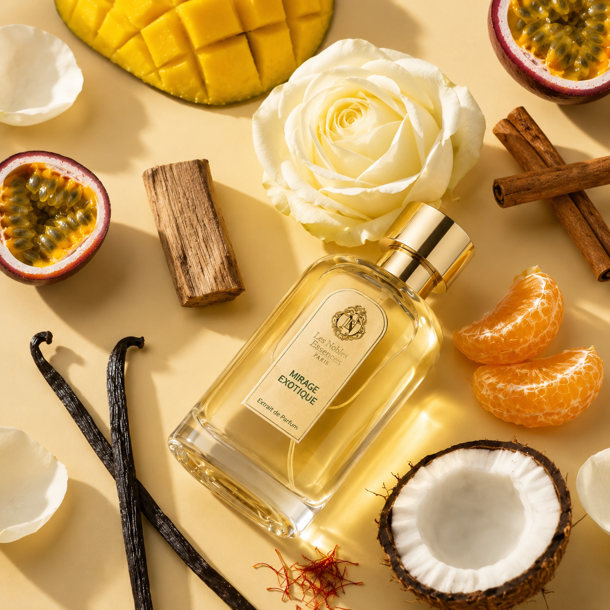 Mirage Exotique Les Nobles Essences avec mangue, fruit de la passion, noix de coco, vanille et rose blanche