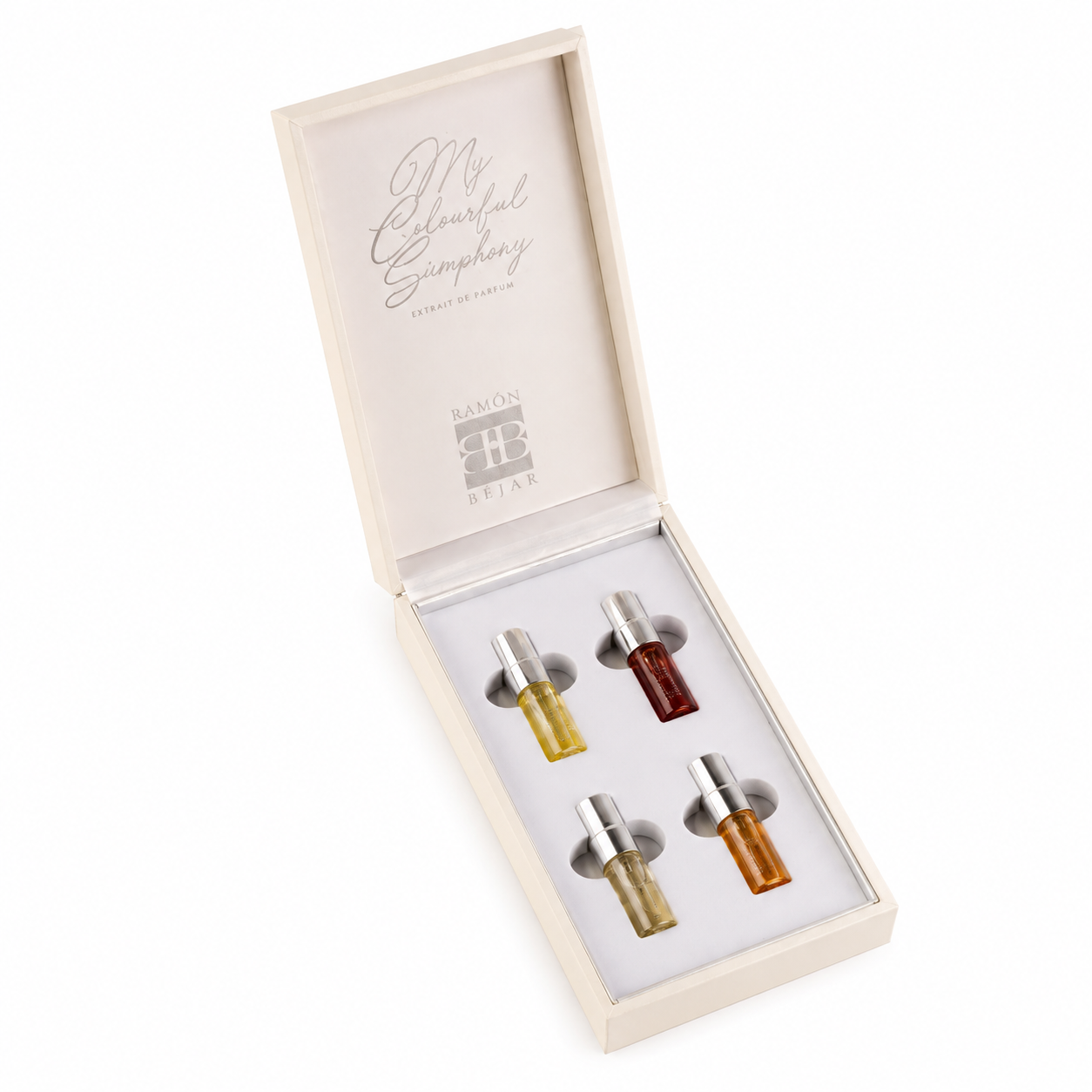 Pack découverte ouvert My Colourful Simphony Ramon Bejar Extrait de Parfum sur fond blanc