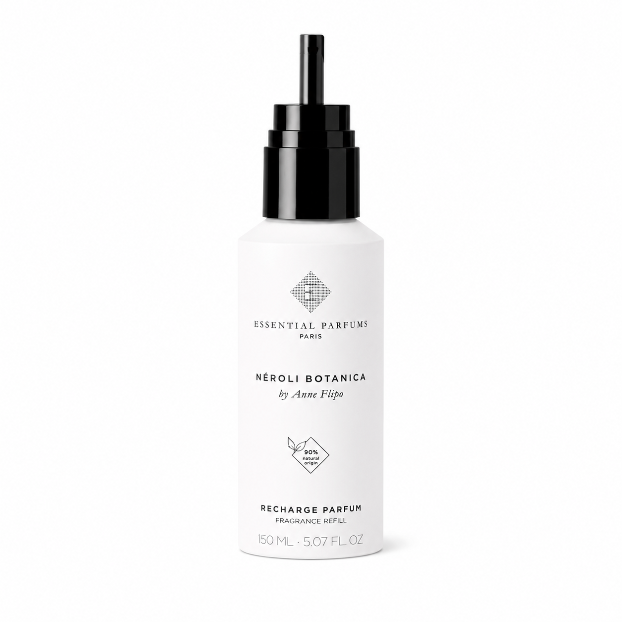 Recharge Parfum Néroli Botanica d'Essential Parfums 150 ml, flacon de recharge de face sur fond blanc.