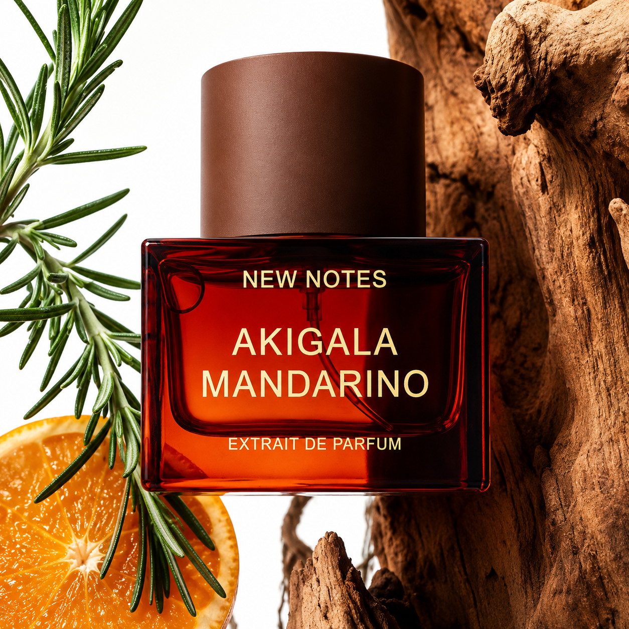 Akigala Mandarino de New Notes, extrait de parfum, flacon en mise en scène.