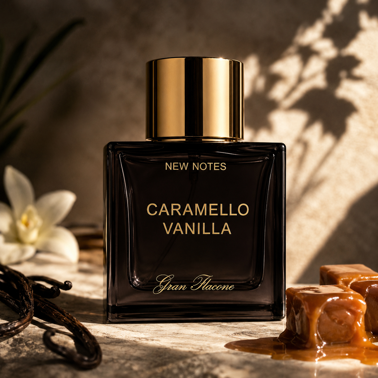 Caramelo Vanilla Gran Flacone de New Notes, extrait de parfum 100 ml, flacon en mise en scène.