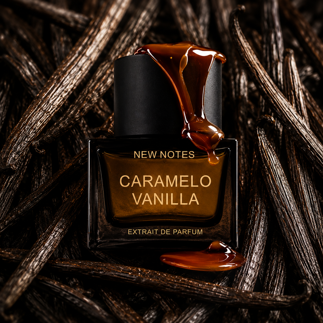 Caramelo Vanilla de New Notes, extrait de parfum, flacon en mise en scène.