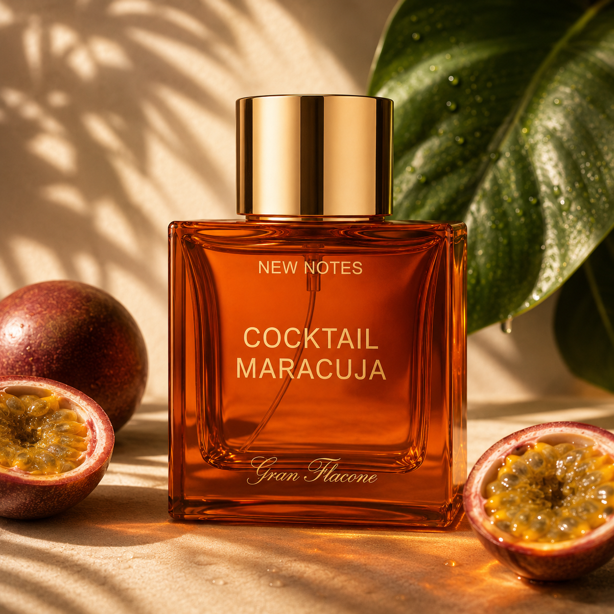 Cocktail Maracuja Gran Flacone de New Notes, extrait de parfum 100 ml, flacon en mise en scène.