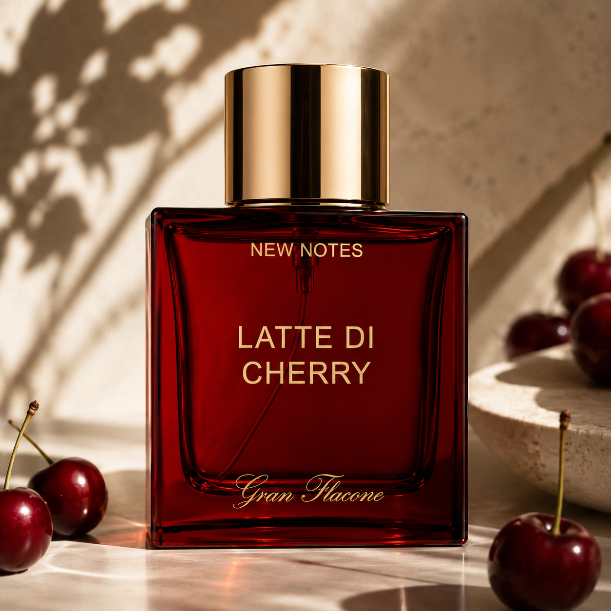 Latte di Cherry Gran Flacone de New Notes, extrait de parfum 100 ml, flacon en mise en scène.