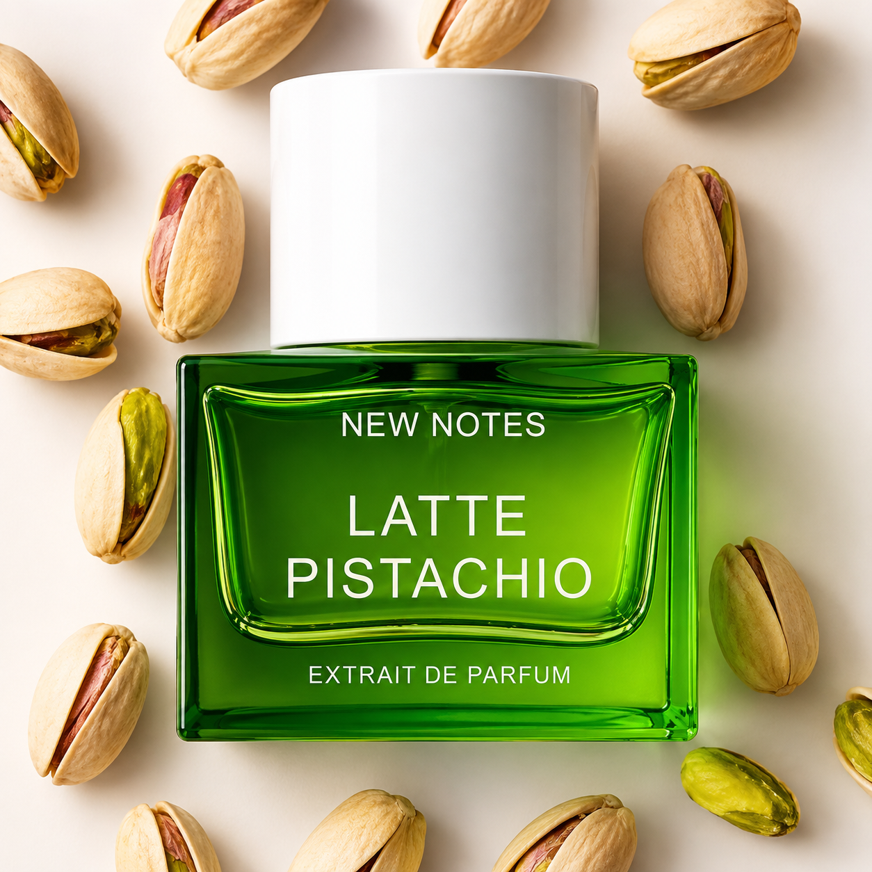 Latte Pistachio de New Notes, extrait de parfum, flacon en mise en scène.