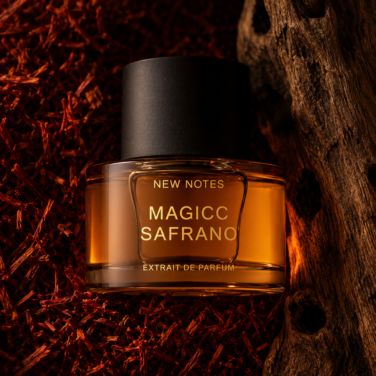 Magico Safrano de New Notes, extrait de parfum, flacon en mise en scène.