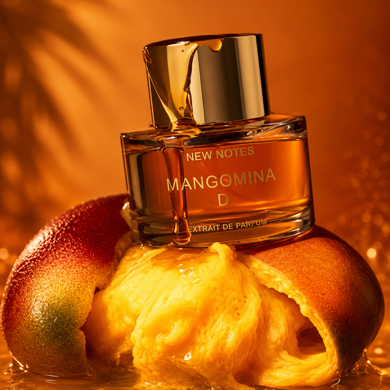 Mangomina D de New Notes, extrait de parfum, flacon en mise en scène.