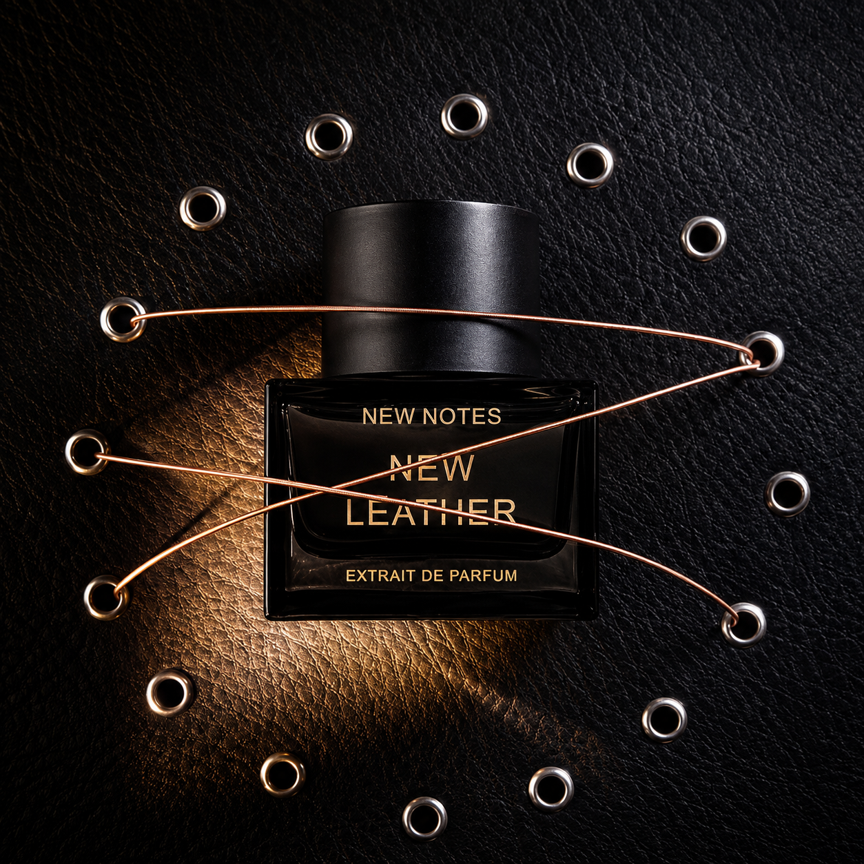 New Leather de New Notes, extrait de parfum, flacon en mise en scène.