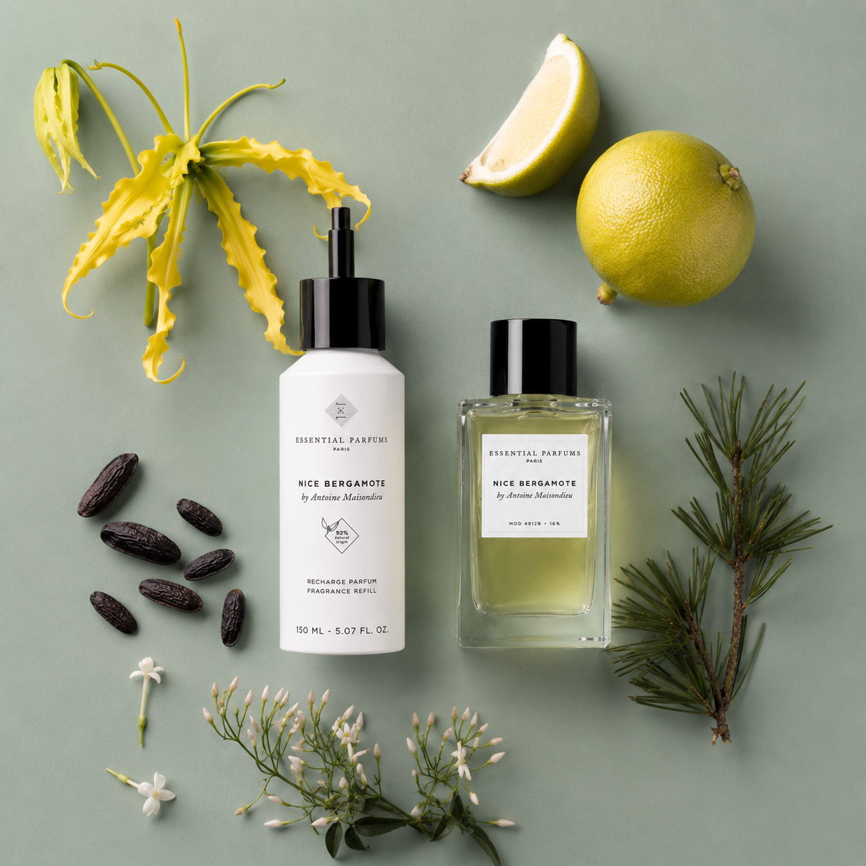 Nice Bergamote Essential Parfums recharge 150 ml et flacon 100 ml fond vert avec bergamote fève de tonka