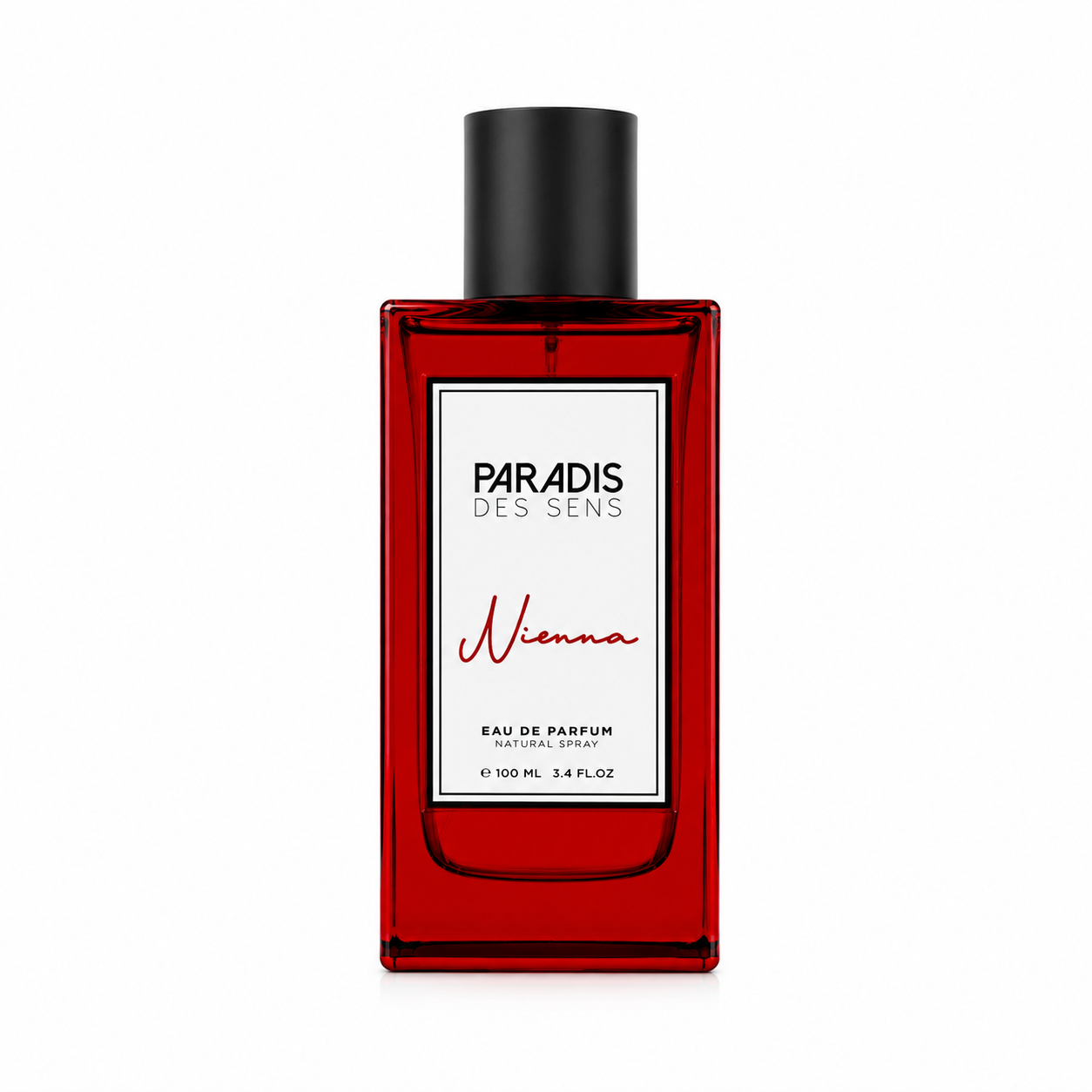 Nirvana de Paradis des Sens, eau de parfum 100 ml, flacon rouge de face sur fond blanc.