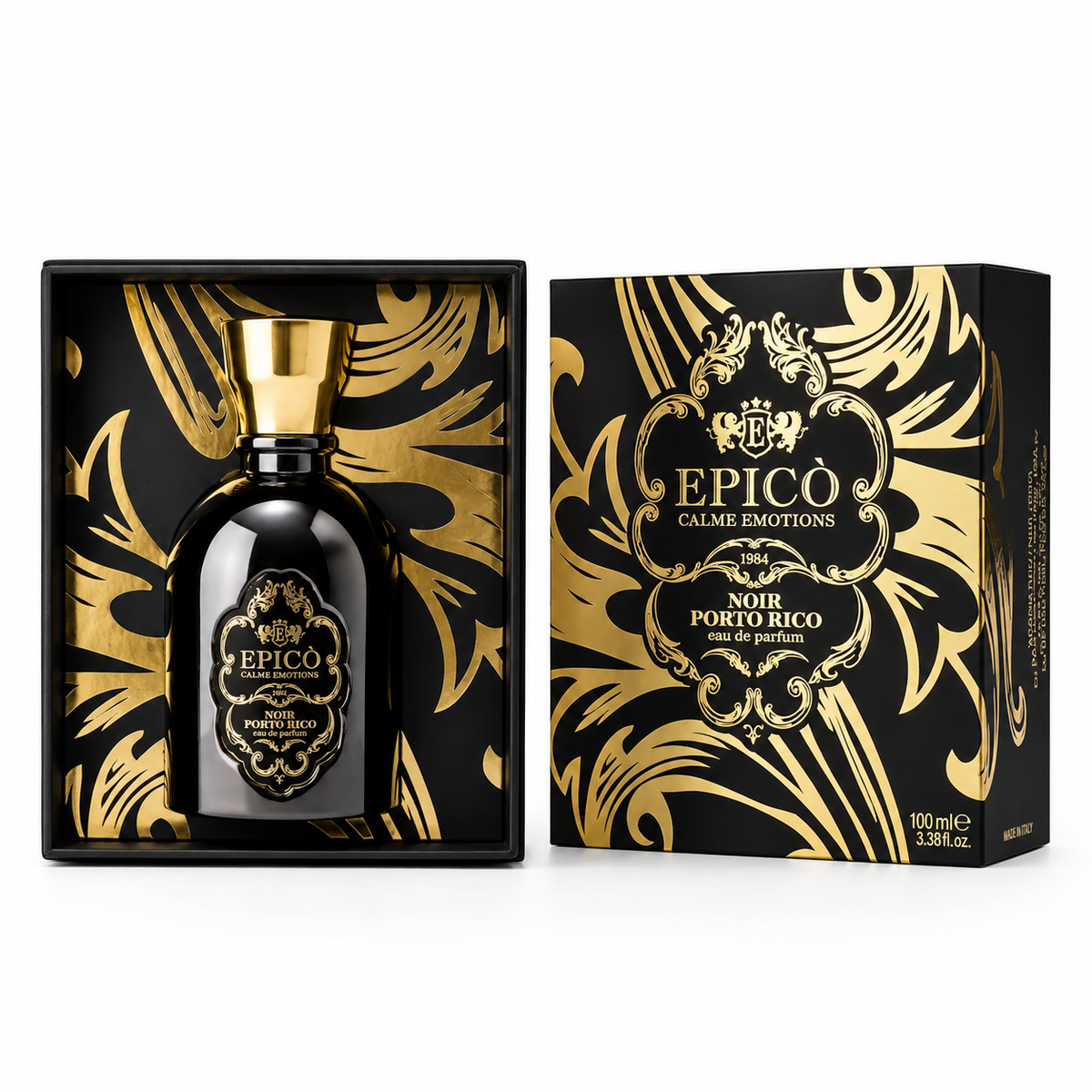 Noir Porto Rico d'Epicò, extrait de parfum 100 ml, flacon et coffret sur fond blanc.