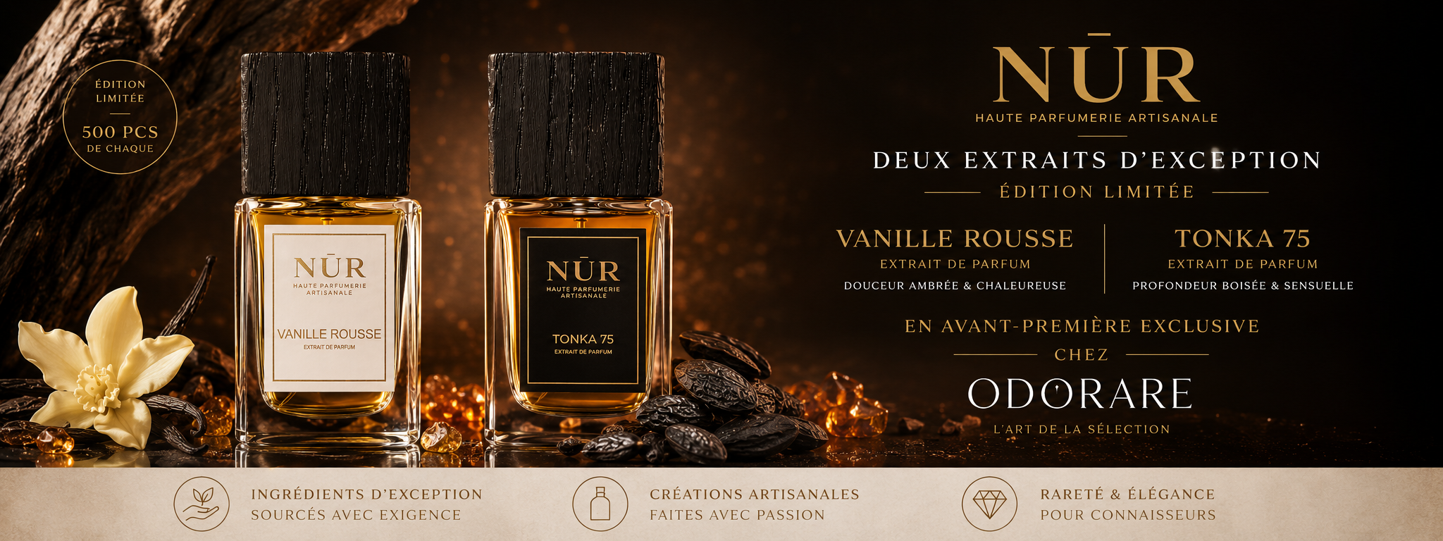 NÛR Vanille Rousse et Tonka 75 en édition limitée à 500 exemplaires chacun, en avant-première chez Odorare