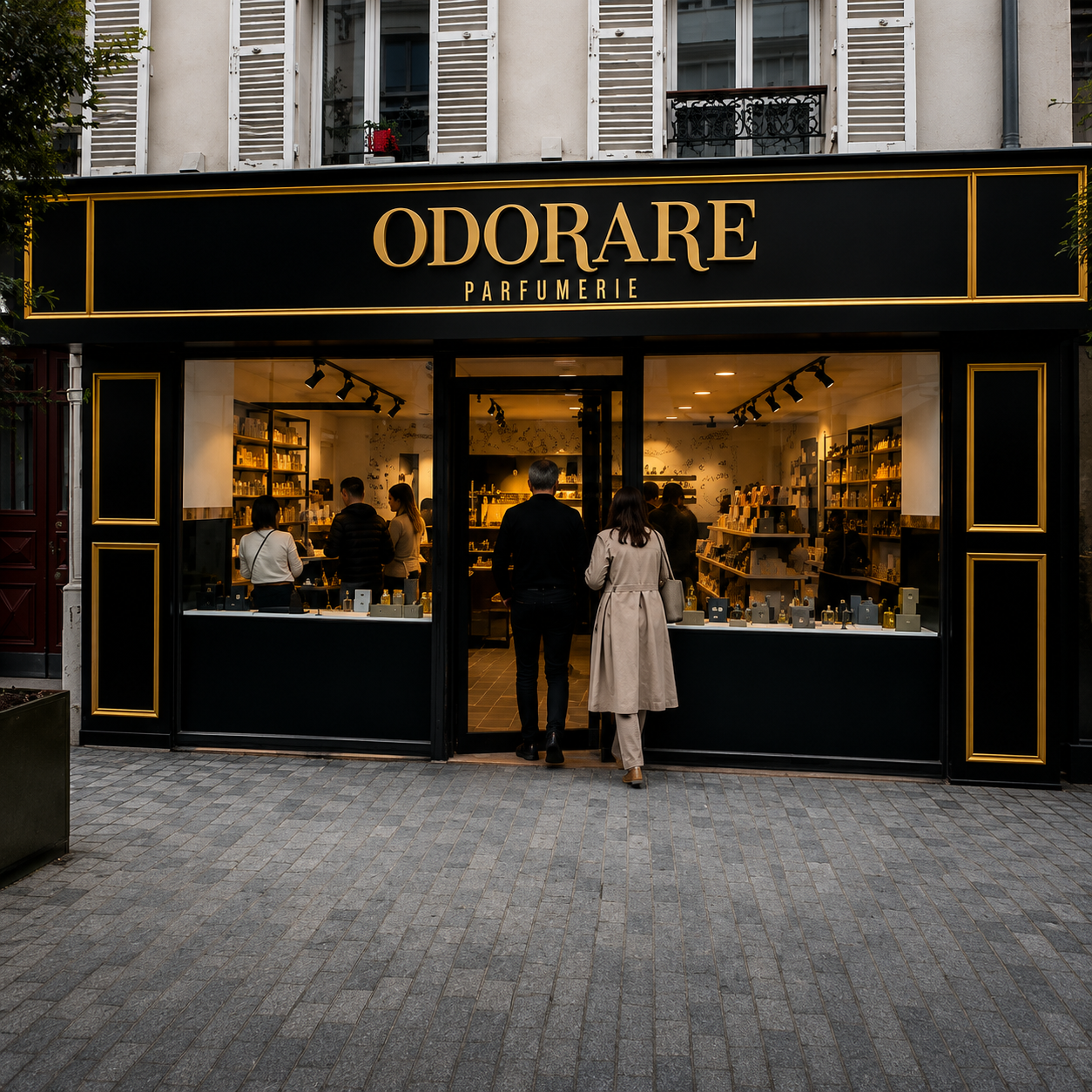 Clients entrant dans la parfumerie Odorare à Bois-Colombes