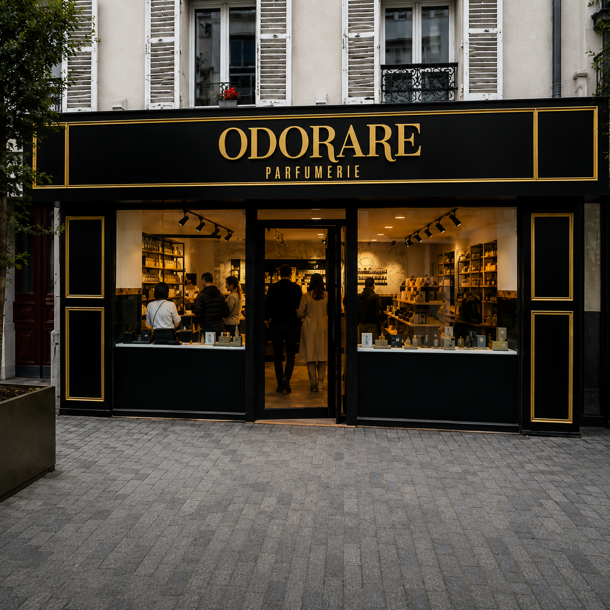 Intérieur de la parfumerie Odorare à Bois-Colombes visible depuis la façade