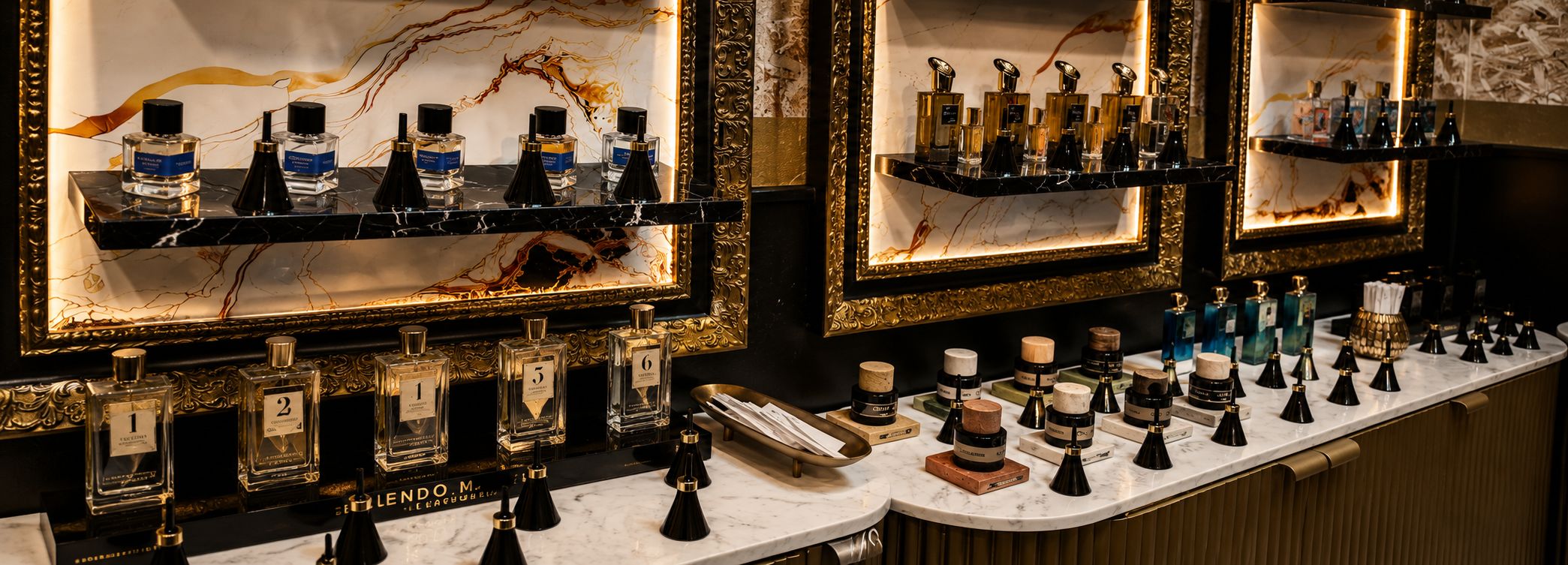 Collection de parfums de niche exposée dans l’univers Odorare, étagères en marbre rétroéclairées et finitions dorées.