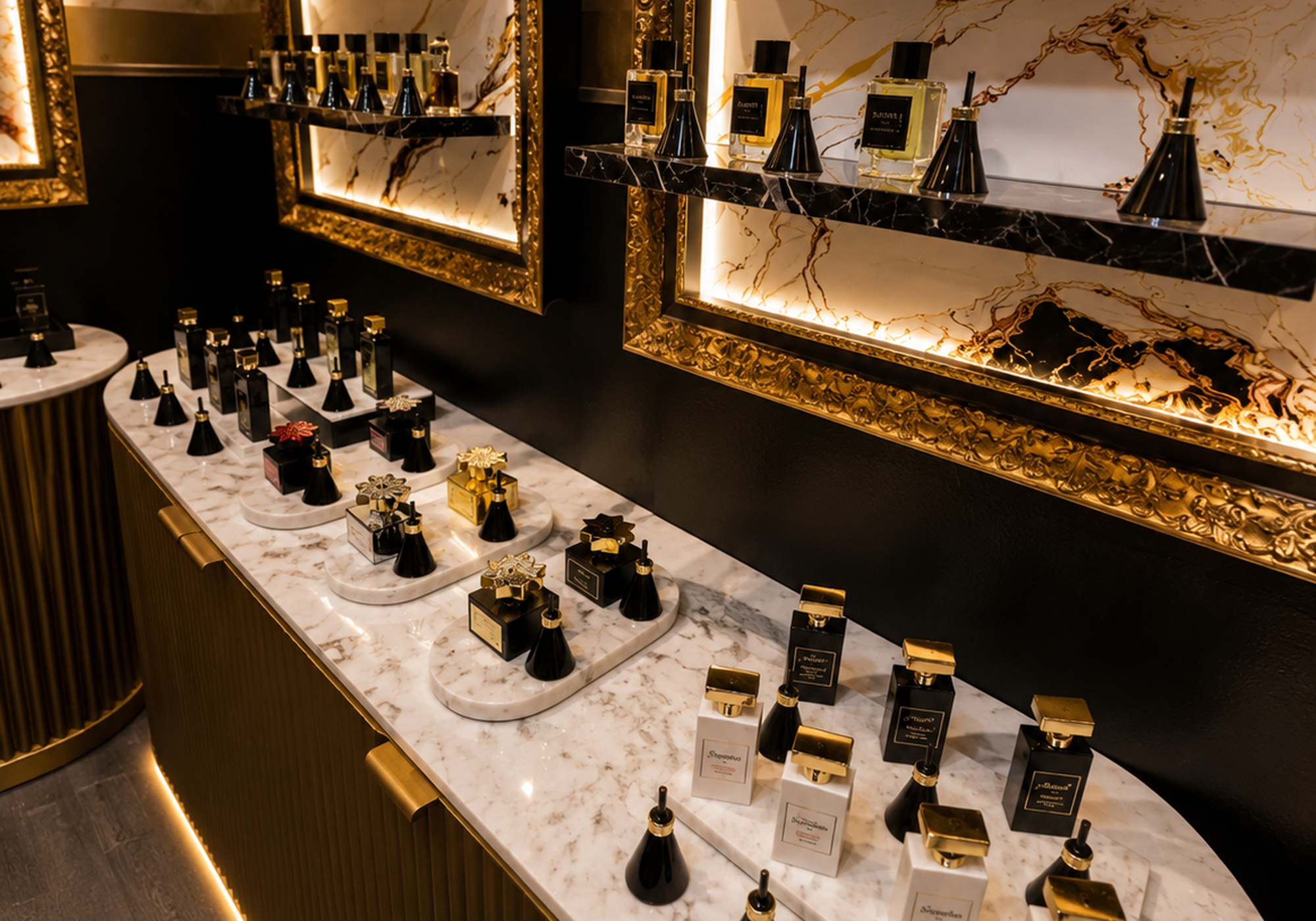 Présentoir de parfums de niche dans la parfumerie Odorare, mobilier en marbre, détails dorés et ambiance haut de gamme.