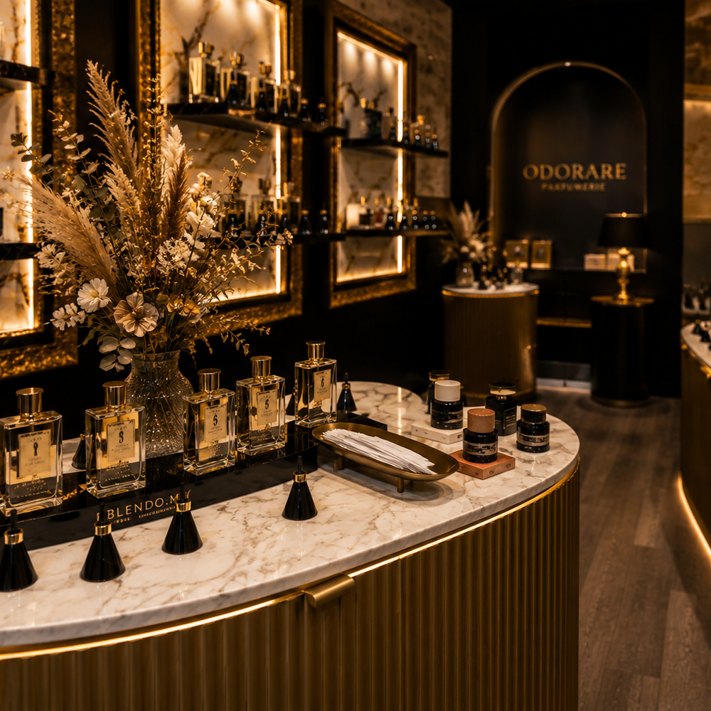 Intérieur de la parfumerie Odorare, univers luxueux avec marbre, dorures, éclairage chaleureux et sélection de parfums de niche.