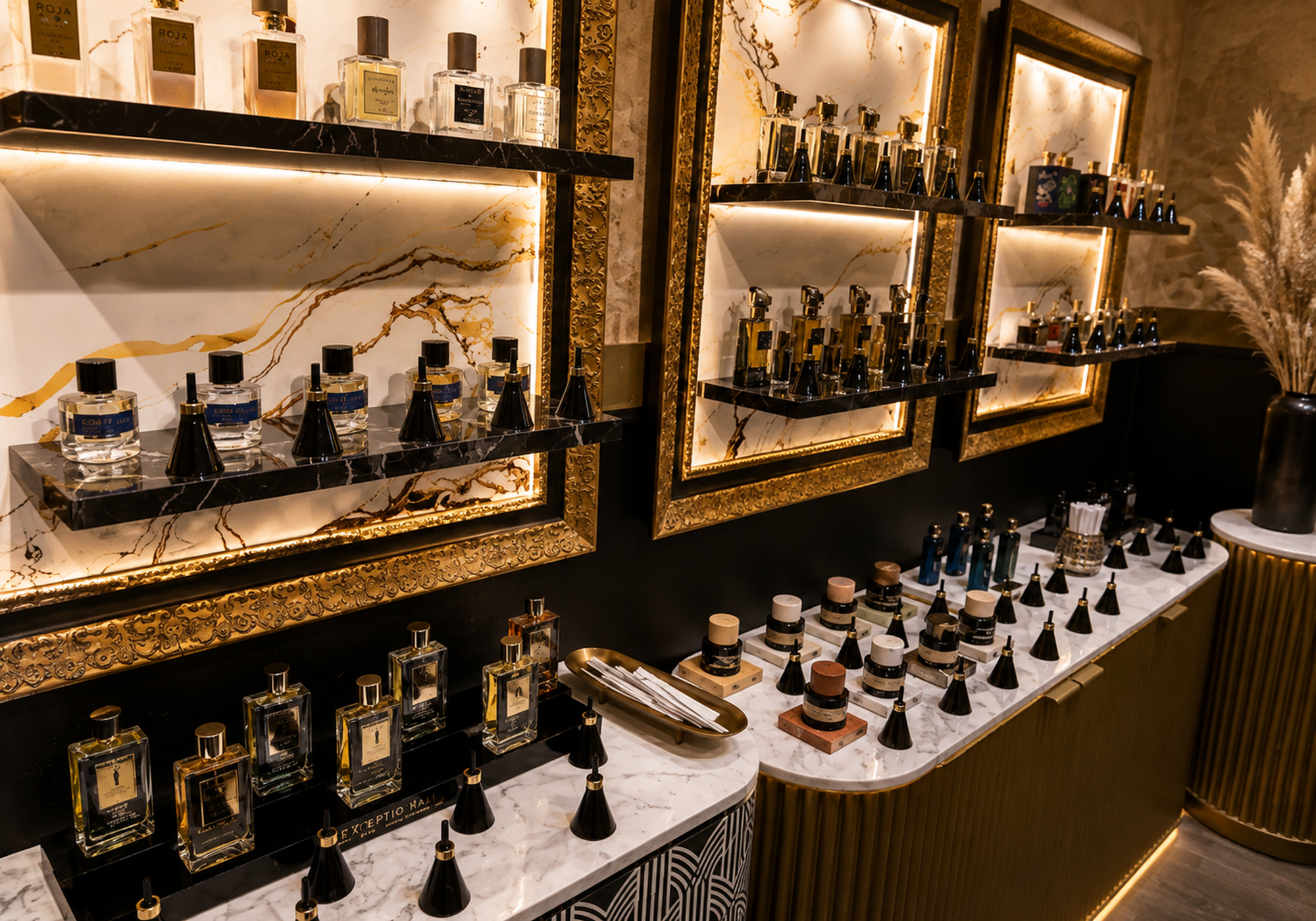 Sélection de parfums de niche présentée sur comptoirs en marbre dans l’univers raffiné de la parfumerie Odorare.