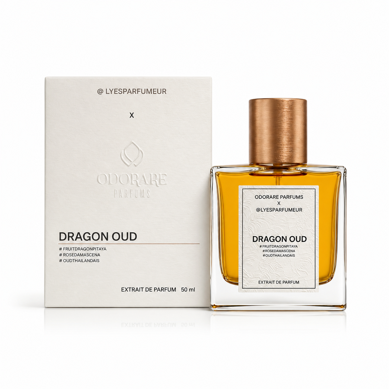 Coffret Dragon Oud x Lyes Parfumeur d'Odorare Parfums avec flacon sur fond blanc.