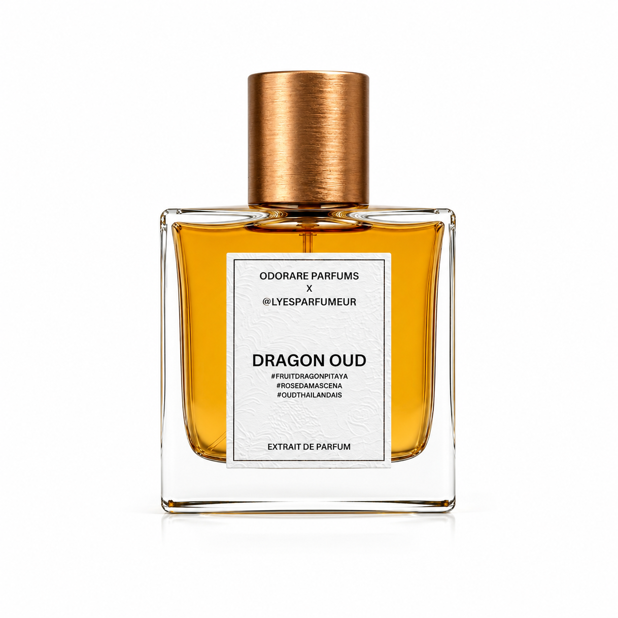 Flacon Dragon Oud x Lyes Parfumeur d'Odorare Parfums, extrait de parfum sur fond blanc.